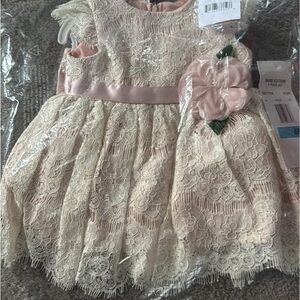 Rare Editions Cream Lace Dress with Pink Accents